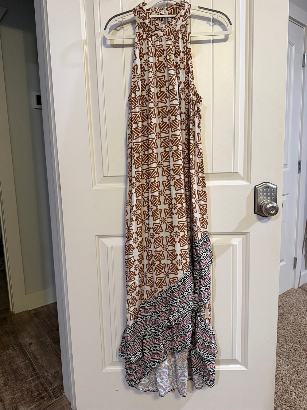 Vince Camuto Brown and White Printed Maxi Dress-Skirt